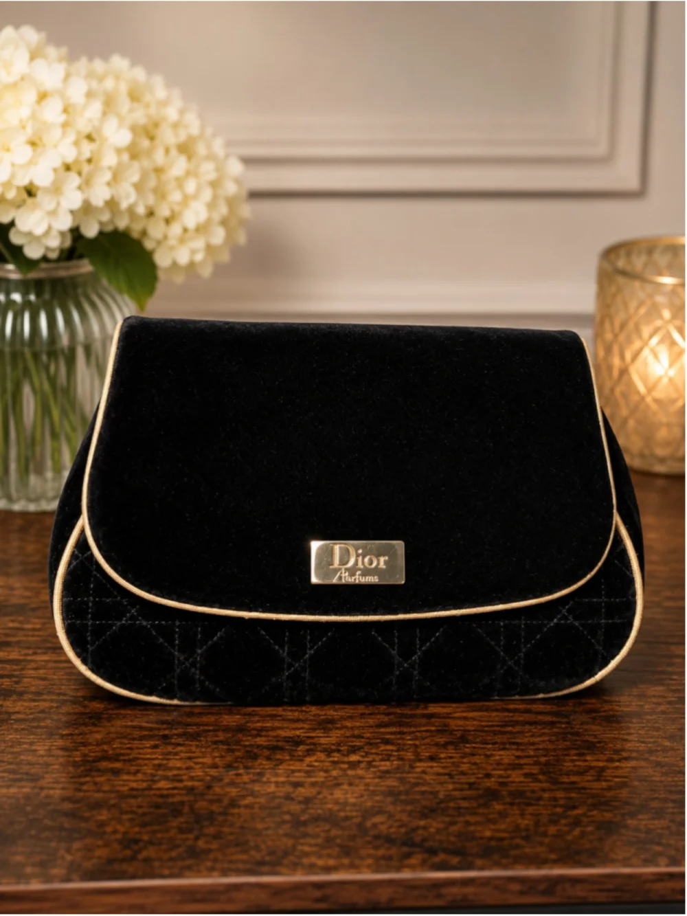 Dior Black Gold Velvet Quilted Cosmetic Bag